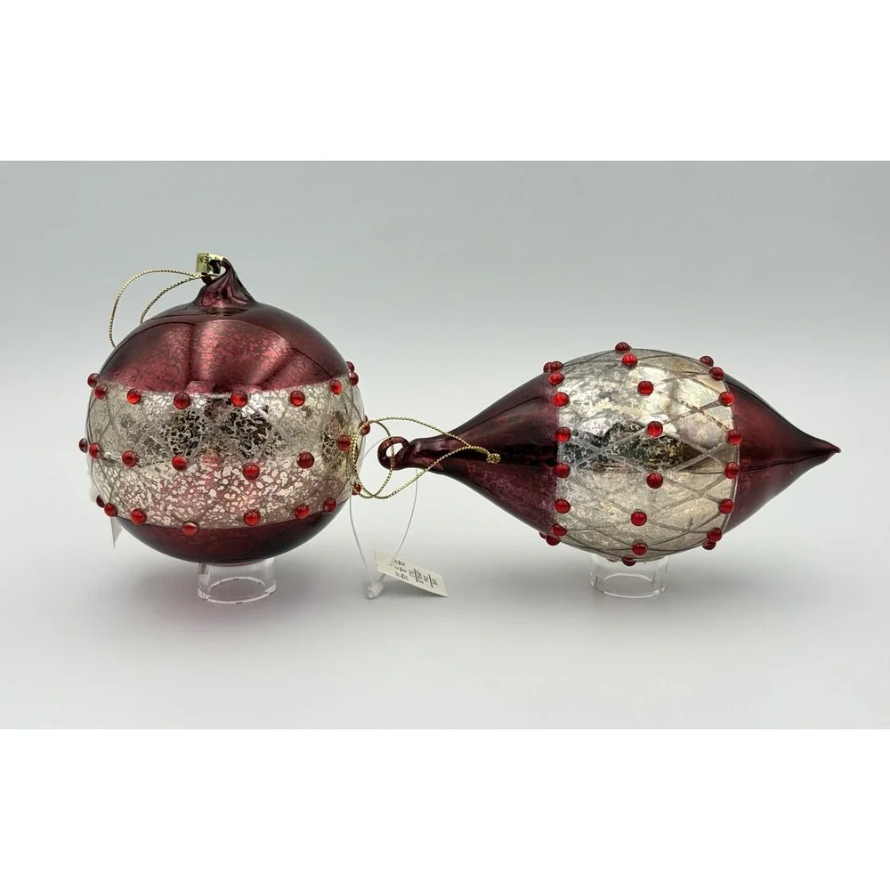Dillards Trimmings Vintage Mercury Glass Christmas Ornaments Set 2 Burgundy Gold